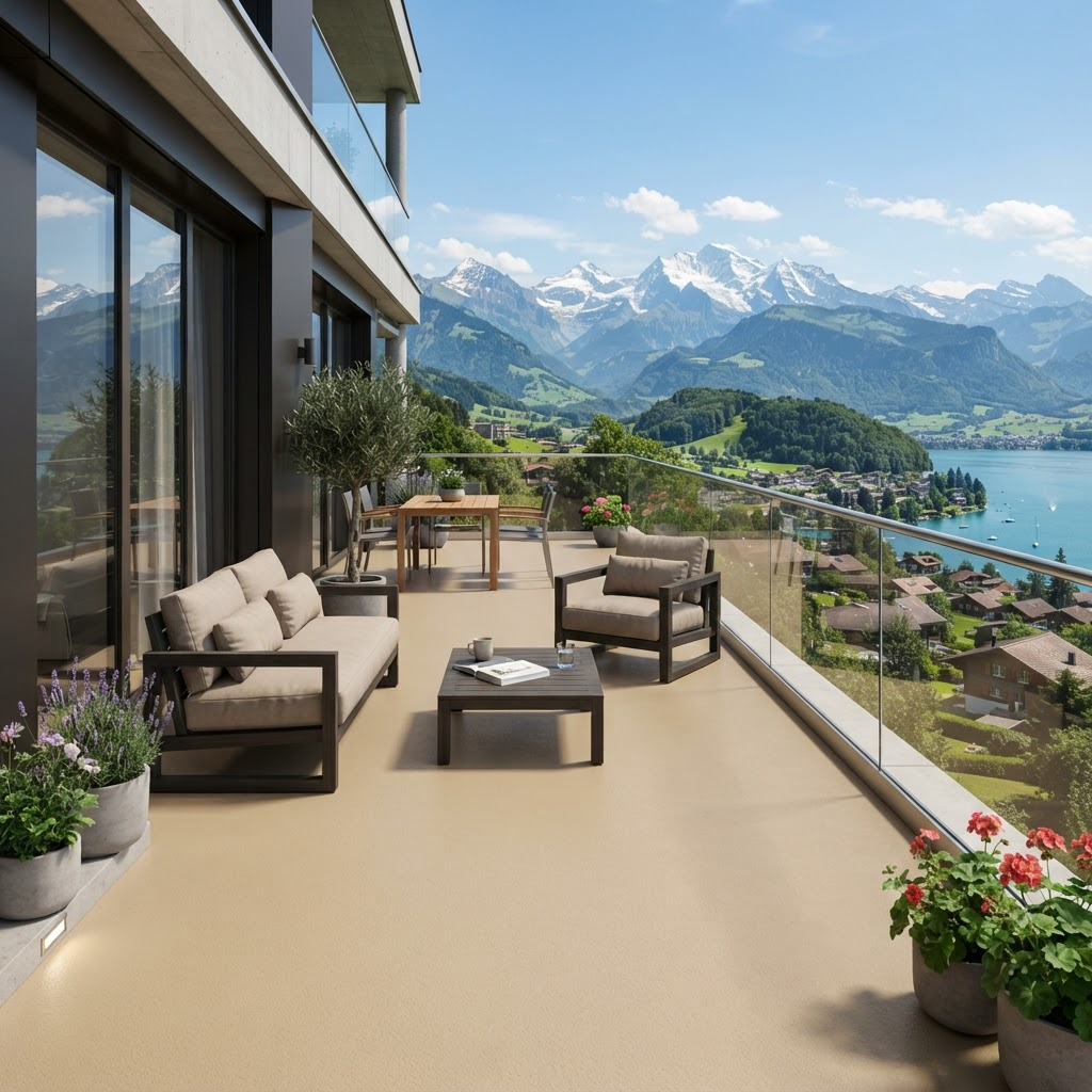 Balcon extérieur avec revêtement de sol en résine étanche