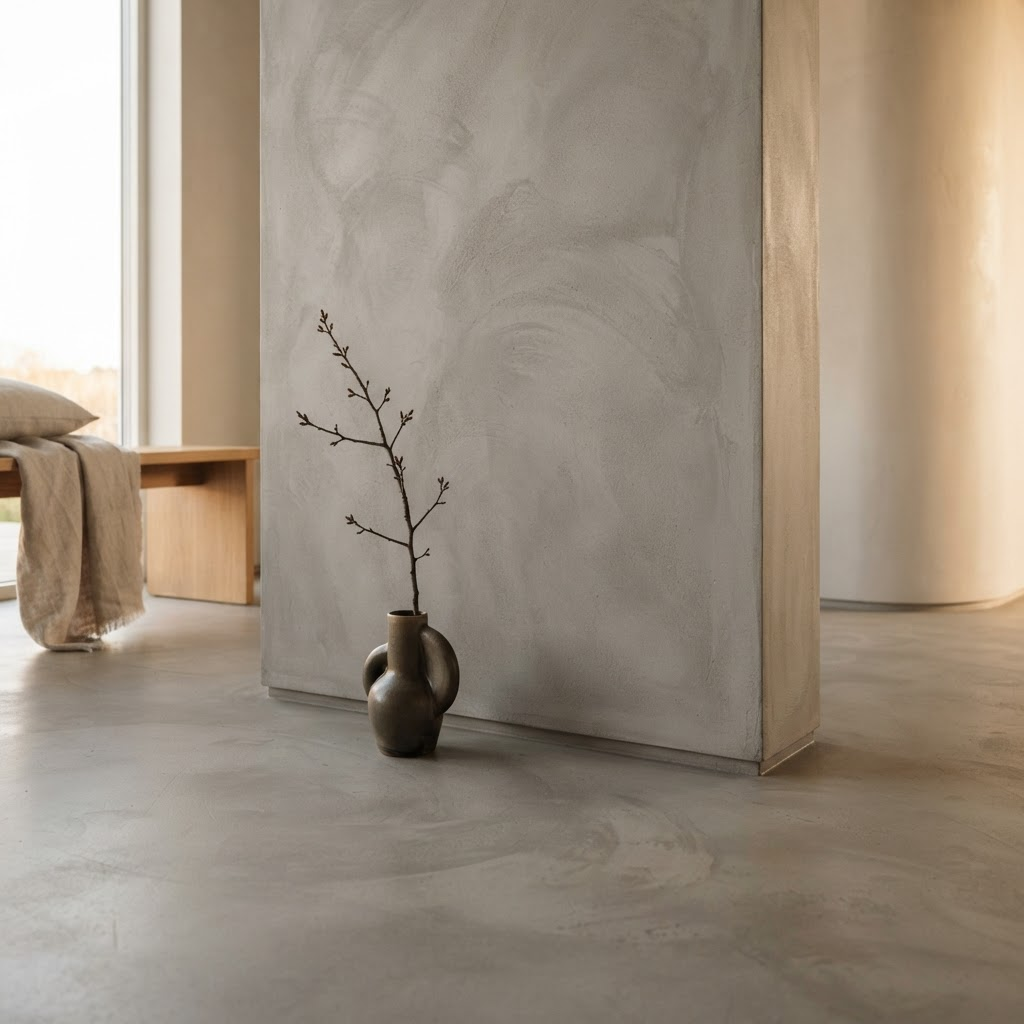 Surface en béton ciré gris mat dans un intérieur minimaliste