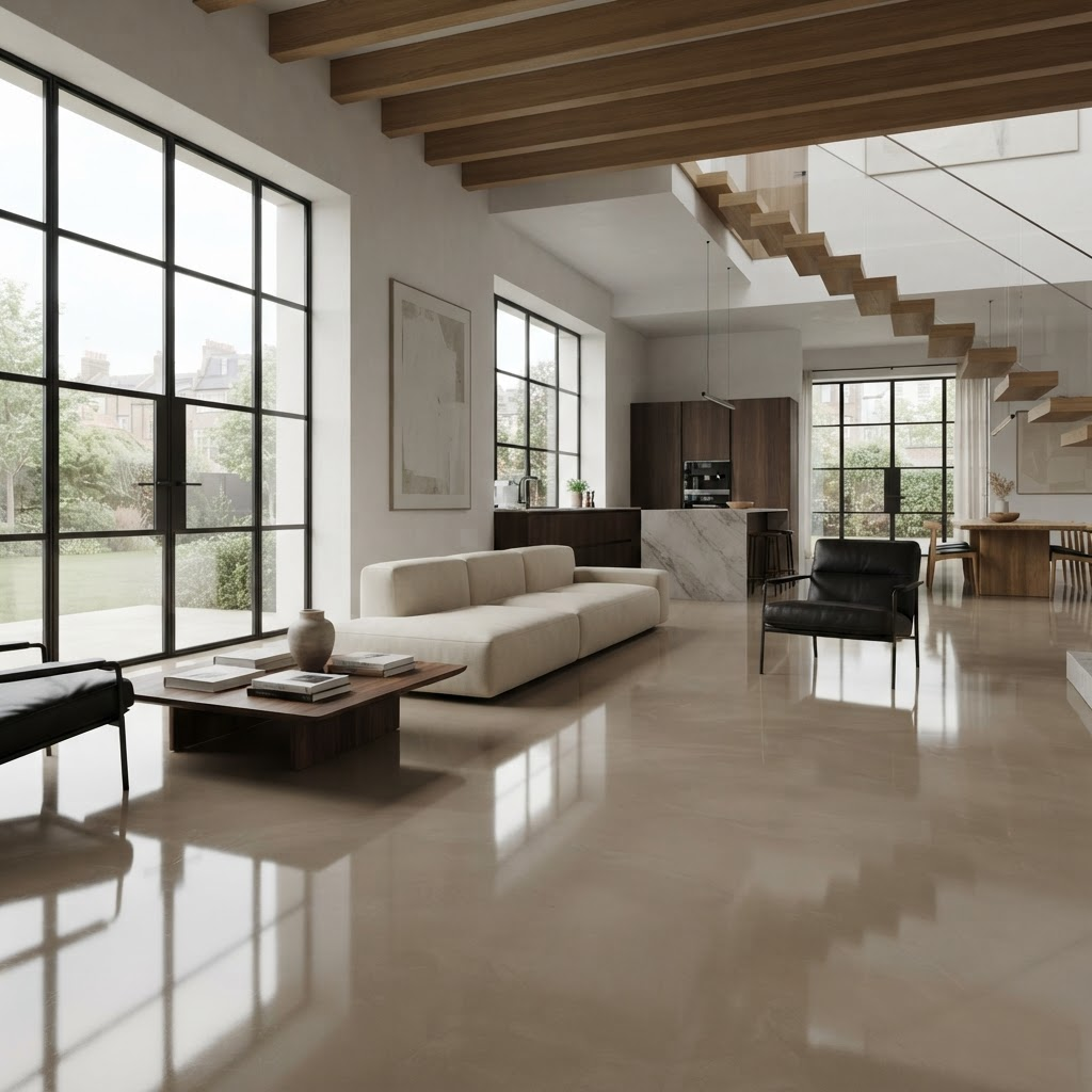 Sol en résine décorative brillante dans un intérieur moderne et lumineux