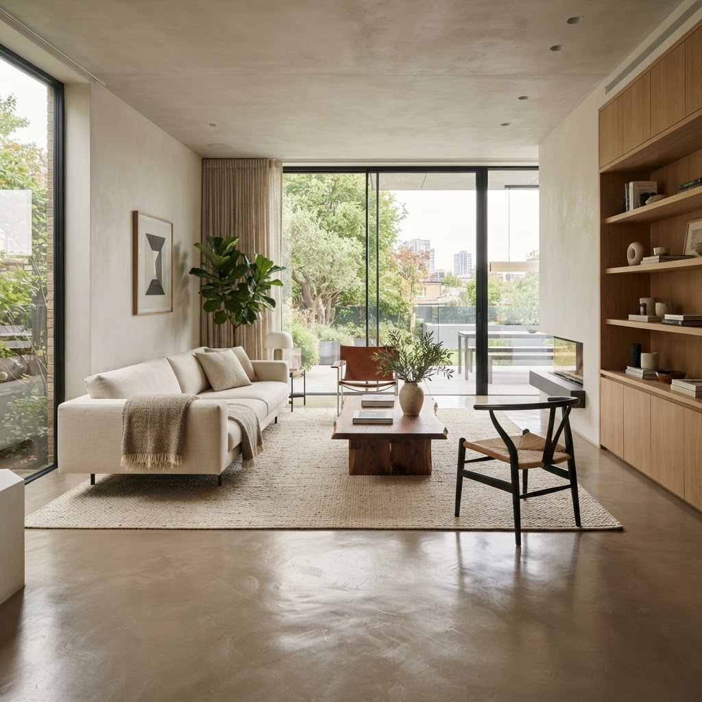 Séjour moderne avec sol en microciment ton taupe
