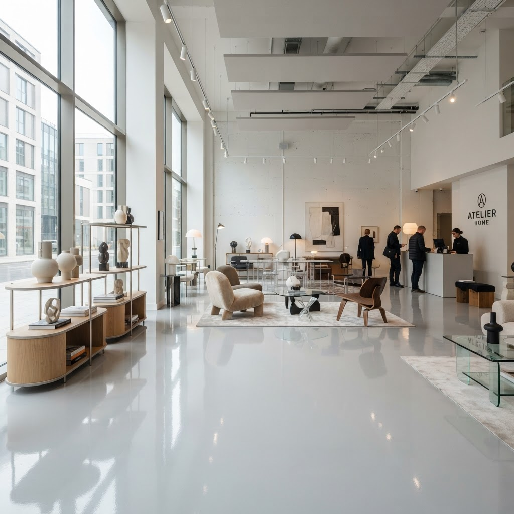 Showroom avec sol époxy autolissant gris clair