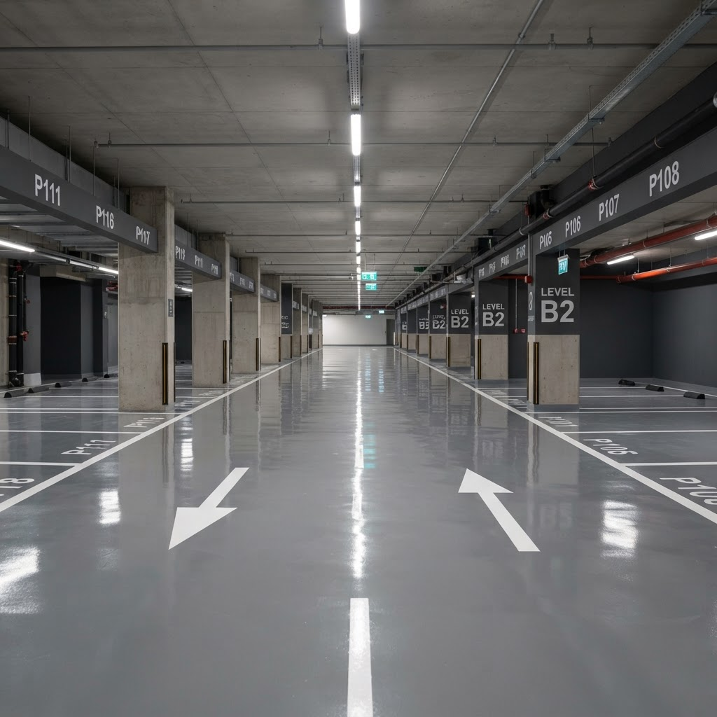 Parking souterrain avec sol en résine époxy et marquages au sol